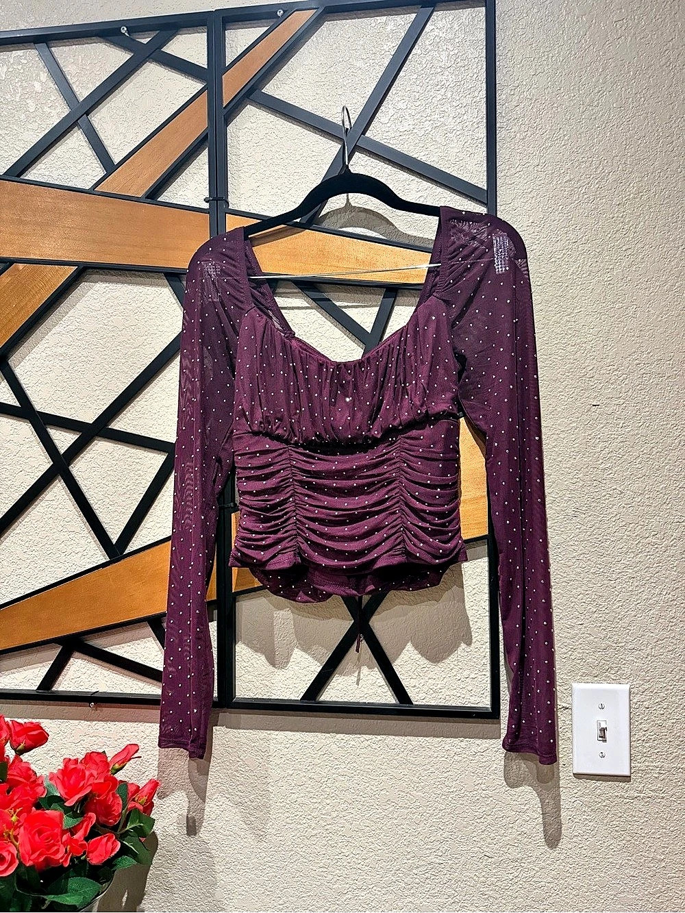 Alex & Sophia Ruched Polka Dot Blouse in Purple Size Large